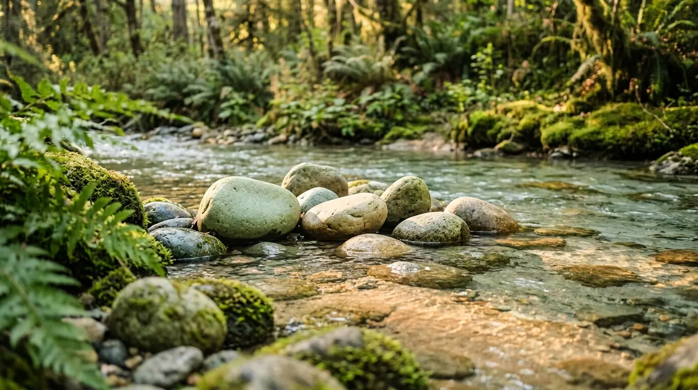 Smooth rounded river stones in clear, tranquil water under gentle morning light, conveying grounding, serenity, and emotional stability.