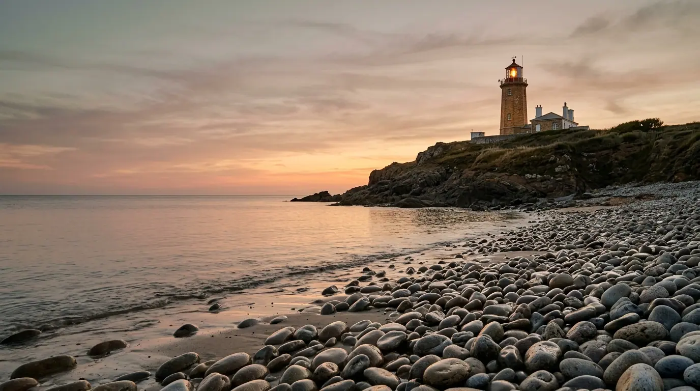 Coastal lighthouse at sunset over calm sea with warm amber beacon and foreground stones, conveying steady guidance, serenity, and safe harbor.