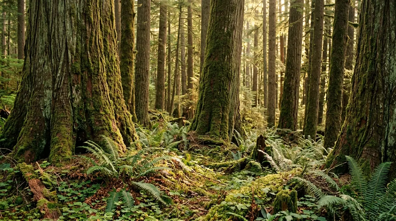 Pacific Northwest conifer forest with warm sunlight filtering over mossy ground, conveying sanctuary and strict privacy.