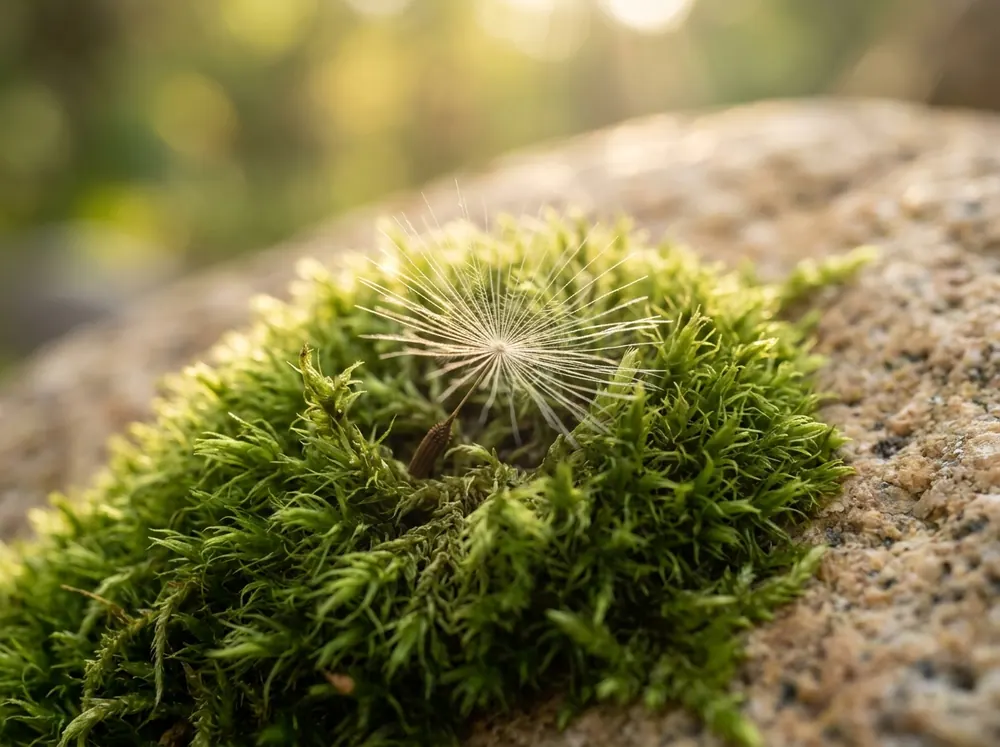 Dandelion seed safely sheltered in velvet green moss against warm stone, symbolizing absolute safeguarding of sensitive information.