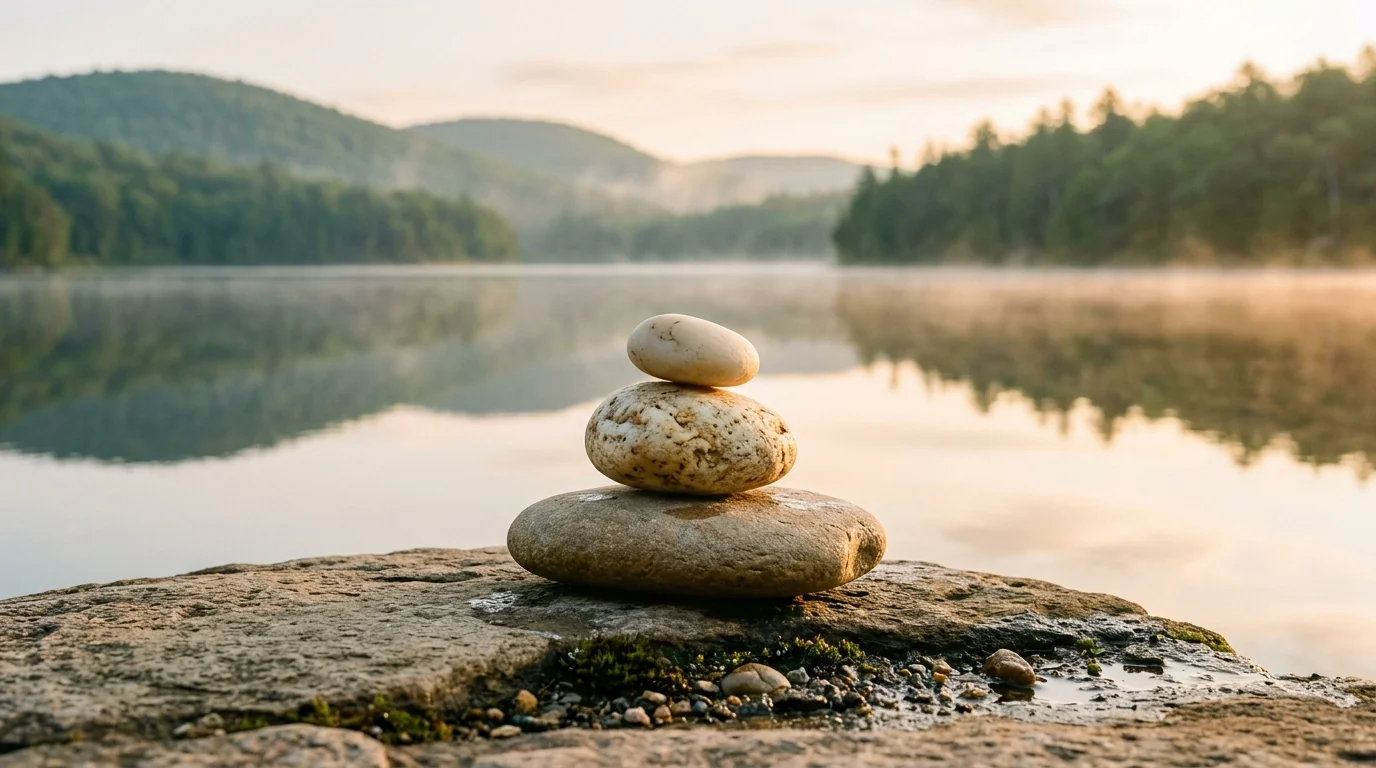Three balanced zen river stones resting on a flat rock beside a tranquil mirror-like forest lake at golden dawn, symbolizing balance, predictability, and trust.