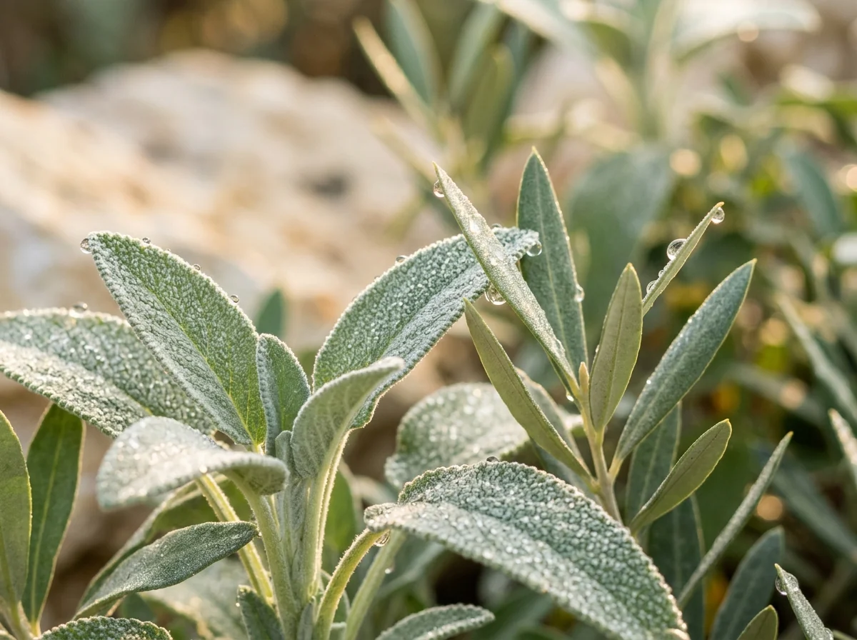 Macro close-up of fresh olive and sage leaves with crystal-clear morning dew drops glistening in warm sunlight, evoking purity and ethical transparency.