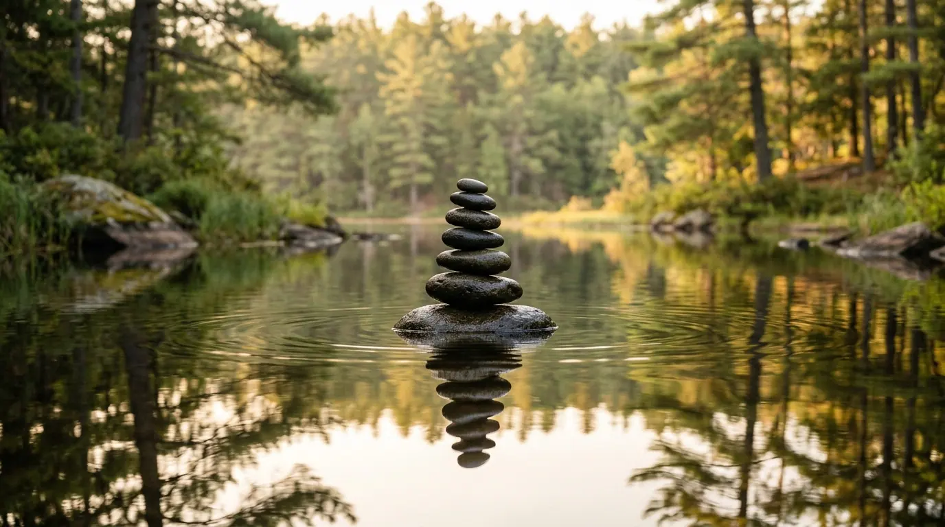 Smooth balanced stones over crystal-clear water symbolizing stability, clarity, and regulatory compliance in mental health.