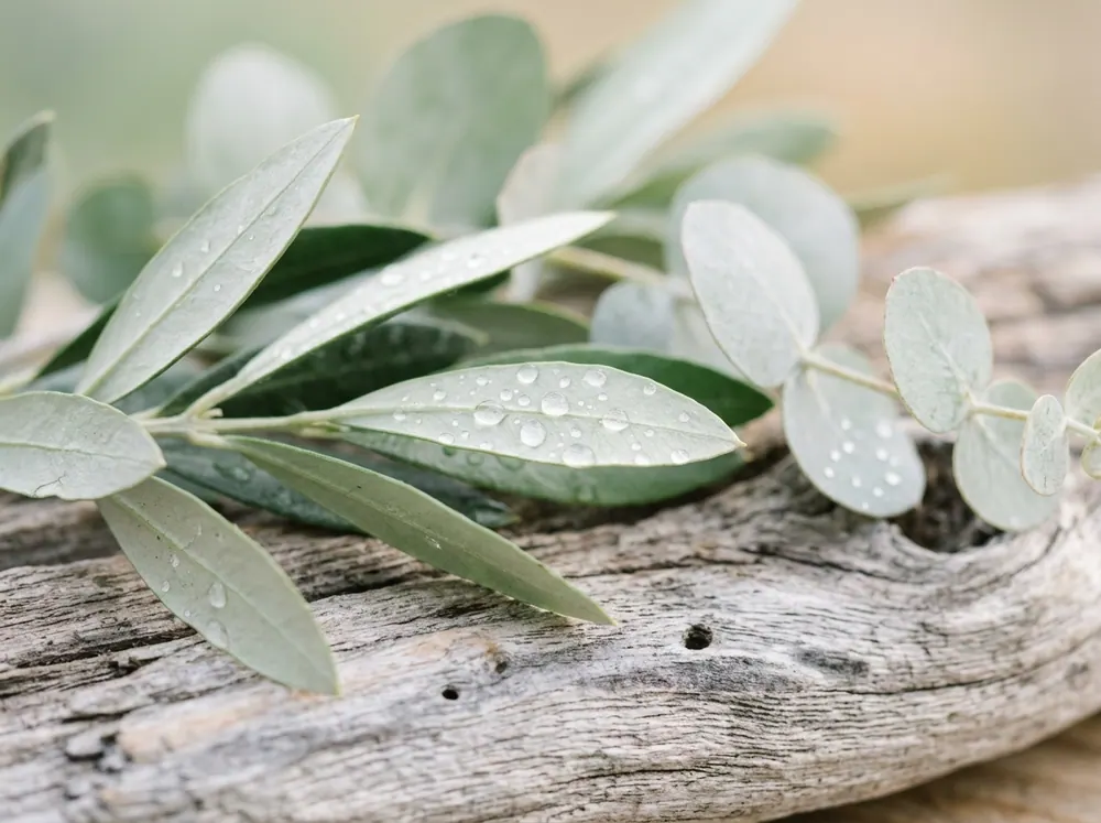 Olive and eucalyptus foliage with fresh morning dew drops evoking discretion, calm, and ethical rigor.