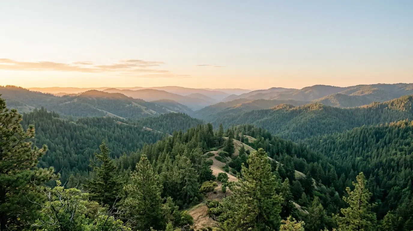 Layered green hills under golden dawn light, reflecting regulated telepsychiatry reach across DE, FL, OR, SC, and WA.
