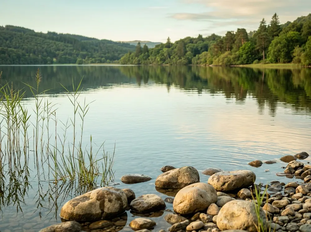 Serene lake reflecting gentle light between shores with foreground stones and reeds, representing close and secure remote connection.