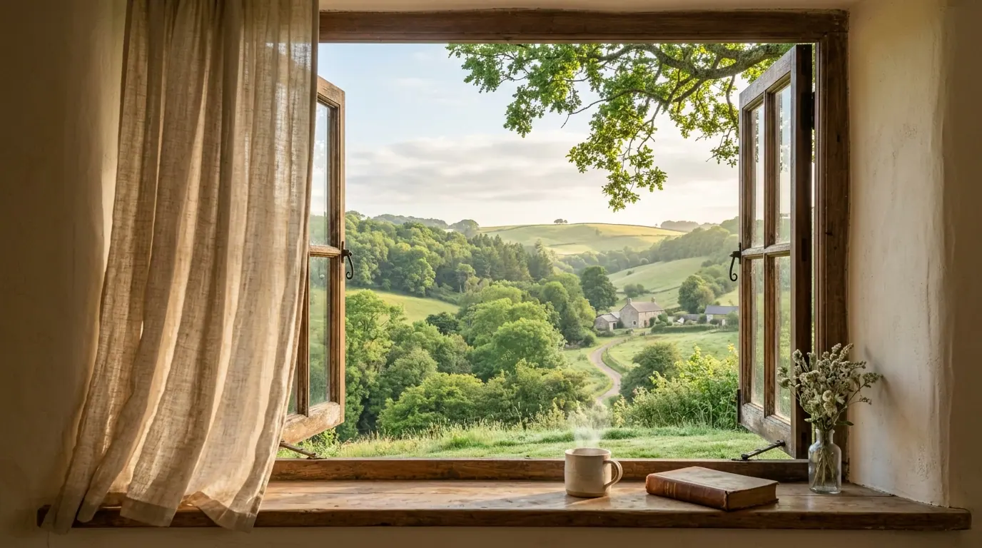 Open rustic window looking out to a green valley in gentle morning light with linen curtain in the breeze, symbolizing virtual care in your safe space.